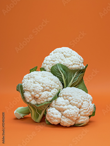 Three caulifower heads, vibrant orange background. Concept of healthy food, vegetable, and diet. photo