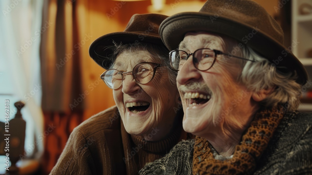 a candid photo of a cute old people couple laughing and having fun in the retirement house. couple with grey hair glasses and hat. a candid photo of a cute old people couple laughing and having fun in the retirement house. couple with grey hair glasses and hat.