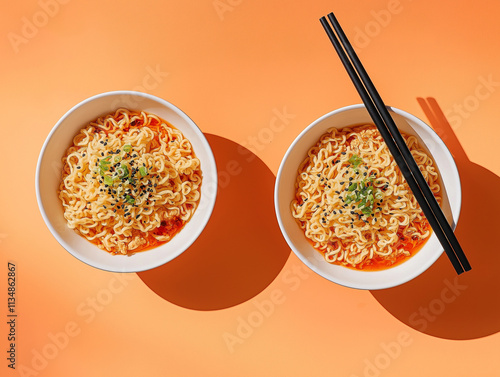 Spicy Instant Ramen Noodles in Bowls.  Concept of quick and easy Asian food.