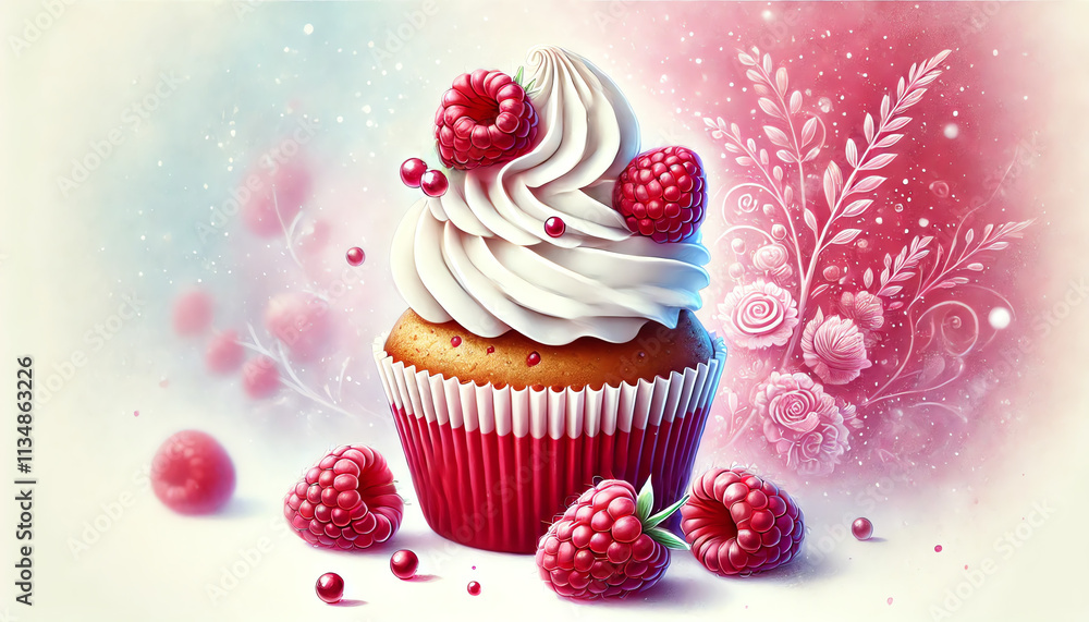 A beautifully illustrated raspberry cupcake topped with whipped cream frosting A beautifully illustrated raspberry cupcake topped with whipped cream frosting