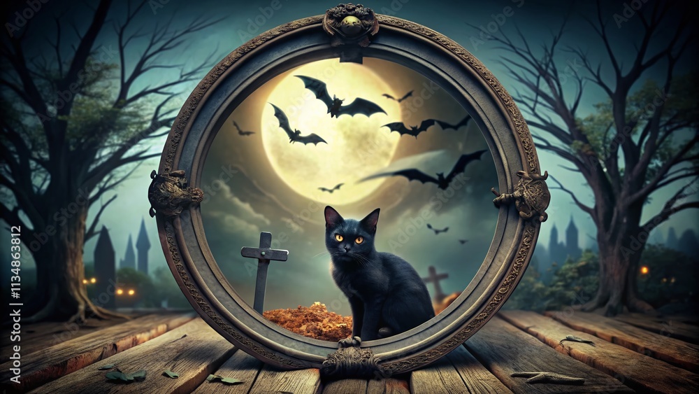 Obraz premium Creepy Halloween Round Black Frame with Spooky Decorations Featuring Black Cat, Cemetery Cross, Dry Wood, and Flying Bat Silhouettes for a Haunting Holiday Atmosphere