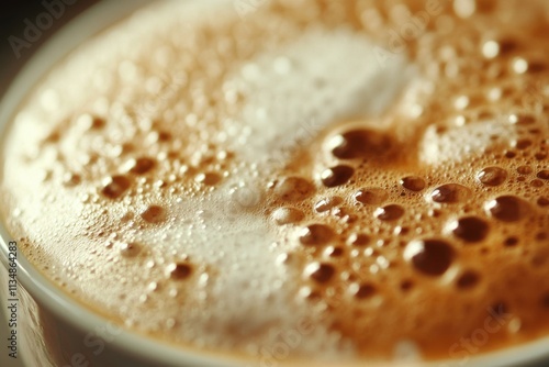 Detailed perspective on silky coffee foam, showcasing the surface texture and minute air bubbles of a recently prepared cup of brewed coffee photo