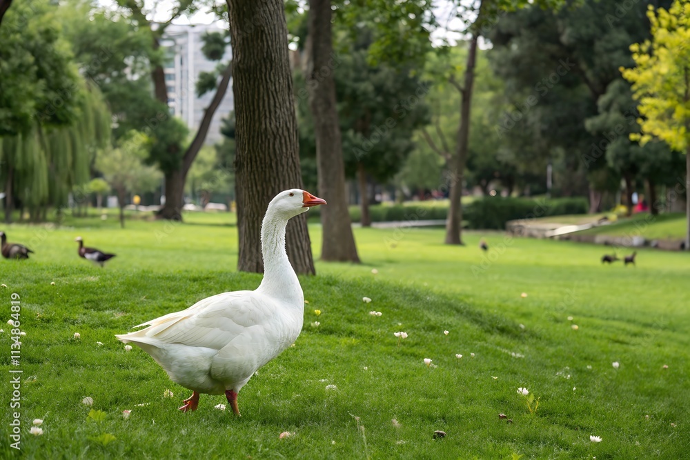 Domestic goose in the park: A white goose walks on a grassy field in a city park, surrounded by trees and other birds, on a sunny day.