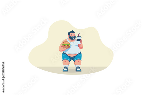 Illustration Fat obese man eating fast food, bad habit. Vector illustration.