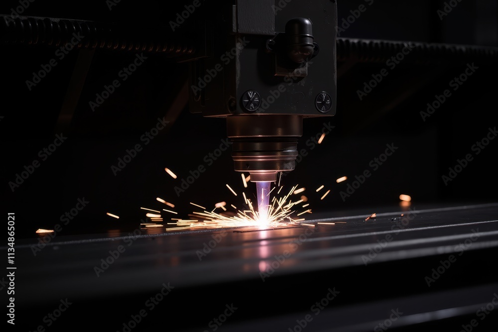 High-Precision Welding Process with Sparks Emitting from a Laser Cutter on Metal Surface in a Dark Industrial Environment High-Precision Welding Process with Sparks Emitting from a Laser Cutter on Metal Surface in a Dark Industrial Environment