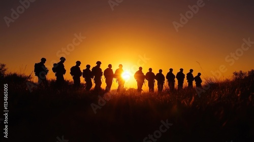 A group of soldiers silhouetted with the USA flag at sunset, creating a memorable Veterans Day tribute.