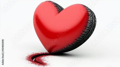 Red heart with black tire treads on it. The tire treads are scattered around the heart, creating a trail. Concept of love and passion, as the heart is a symbol of affection