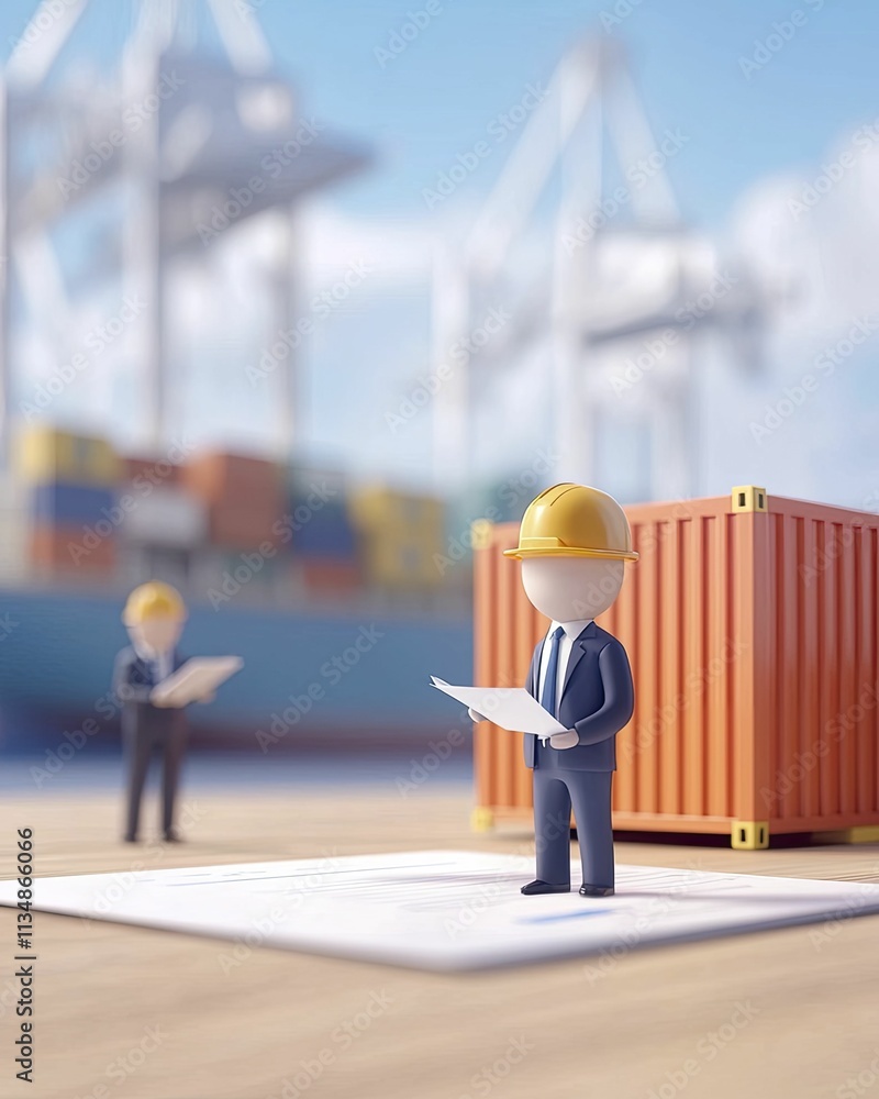 Customs clearance process with cargo containers and officials inspecting paperwork at port. Customs clearance process with cargo containers and officials inspecting paperwork at port.