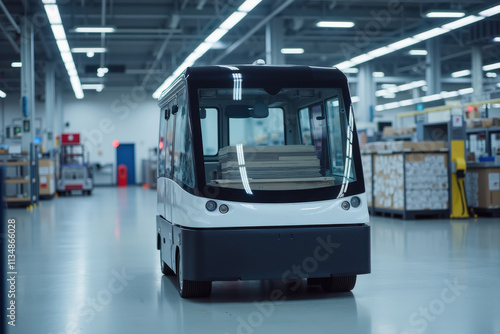 Modern Guided Vehicle Inside a Factory Environment with Industrial Shelving and Bright Lighting System for Efficient Transport Solutions in Warehousing