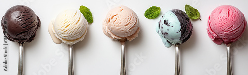 ice cream scoops with different colors and flavors, each on its own silver metal spoon, isolated against a white background