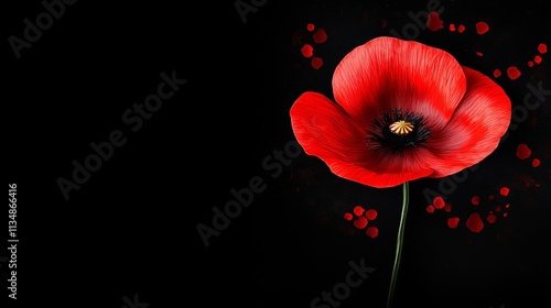Red poppy flower is the main focus of the image. The flower is surrounded by a dark background, which creates a sense of contrast and draws attention to the flower