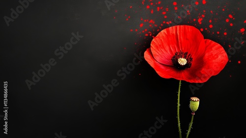 Red poppy flower is the main focus of the image. The flower is surrounded by a dark background, which creates a sense of contrast and draws attention to the flower