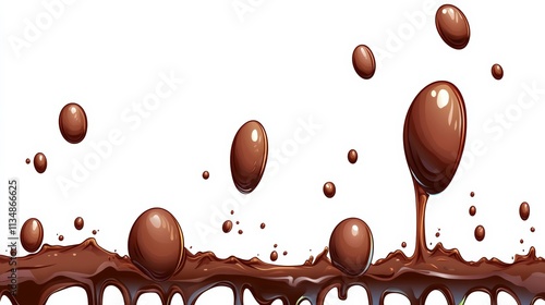 Chocolate river with chocolate drops falling from it. The chocolate is flowing down a white background. The image has a dreamy, whimsical feel to it