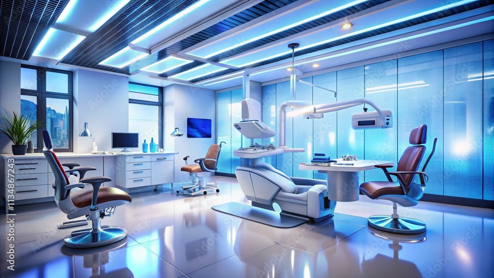 Cutting-Edge Dental Clinic Showcasing Robotic Tools and Digital X-rays in a Modern Healthcare Environment for Advanced Patient Care and Treatment Efficiency Cutting-Edge Dental Clinic Showcasing Robotic Tools and Digital X-rays in a Modern Healthcare Environment for Advanced Patient Care and Treatment Efficiency
