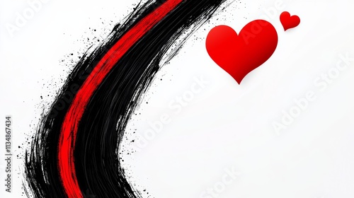 Red heart is drawn on a white background with a black line. The heart is surrounded by a red and black line, which gives the impression of a wave. Concept of movement and energy
