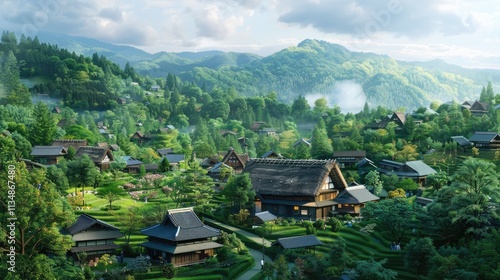 Wallpaper Mural A charming and quaint village nestled amidst lush green forests and rolling hills, the Japanese village anime is a feast for the senses Torontodigital.ca