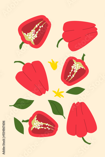 Red bell peppers with seeds and leaves on beige background.