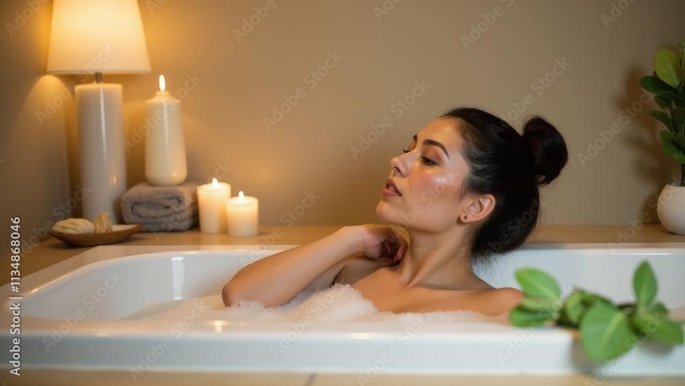 Obraz premium A person practicing self-care with a relaxing bath, a calming atmosphere, enjoying a moment of peace alone