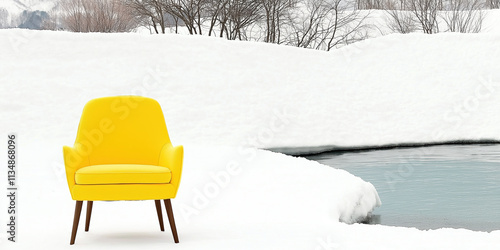 Wallpaper Mural Solitary yellow chair in snowy landscape by a tranquil lake Torontodigital.ca