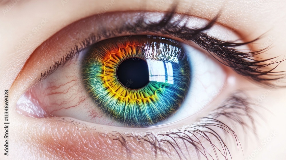 Fototapeta premium A realistic human eye model with bright iris colors, fine veins, set on a white background for maximum contrast.