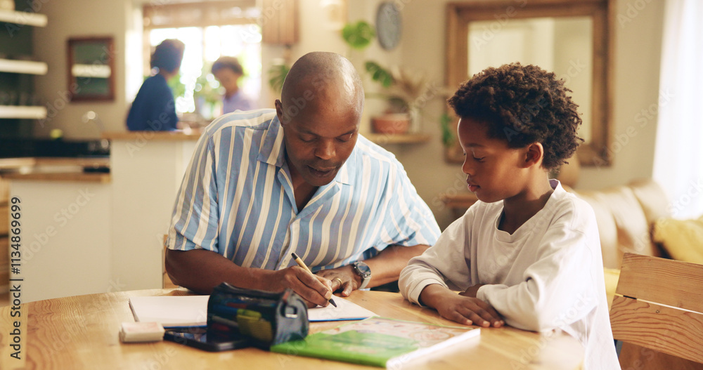 Studying, help and dad with notebook, child and education for boy, growth and development in house. Bonding, black man and assistance for homework, writing and knowledge for exam, son and home Studying, help and dad with notebook, child and education for boy, growth and development in house. Bonding, black man and assistance for homework, writing and knowledge for exam, son and home