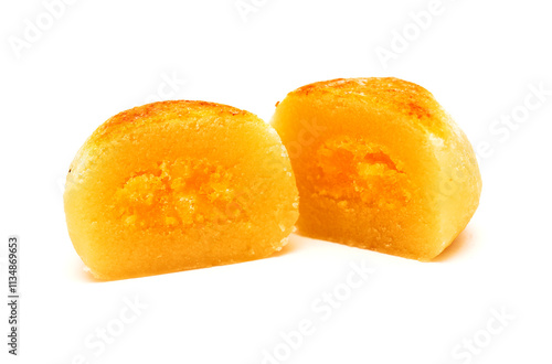 Pastel de yema, candied yolk covered in marzipan, one of many Spanish sweets typically associated with Christmas
 photo