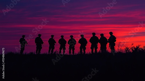 A silhouette of soldiers standing together with the USA flag at sunset, paying homage to Veterans Day.