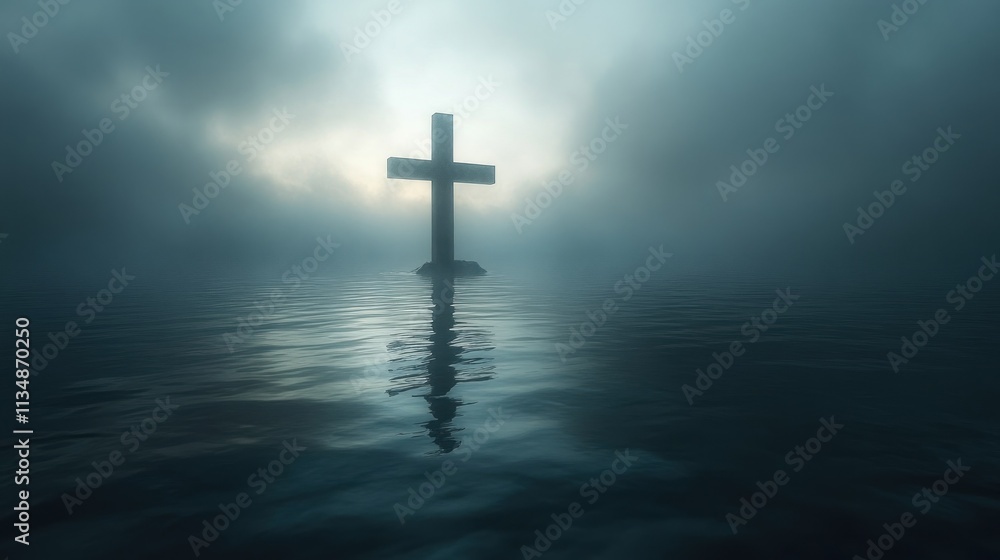 Solitary Cross in Calm Water with Fog and Chiaroscuro Lighting Solitary Cross in Calm Water with Fog and Chiaroscuro Lighting