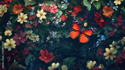 Lush garden with colorful flowers and vibrant butterfly