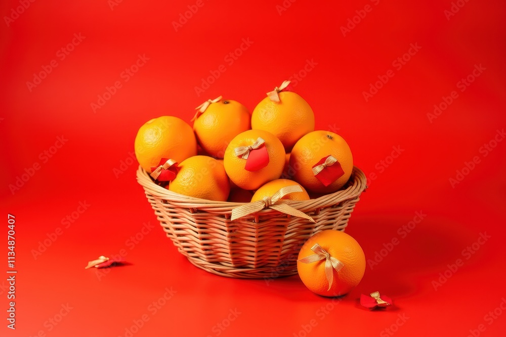 Fresh and Vibrant Oranges in a Rustic Woven Basket Set Against a Bold Red Background, Capturing the Essence of Summer and Healthy Living Fresh and Vibrant Oranges in a Rustic Woven Basket Set Against a Bold Red Background, Capturing the Essence of Summer and Healthy Living