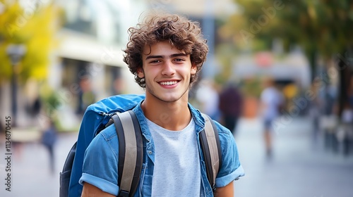 Smiling young male college student with curly hair and a backpack 