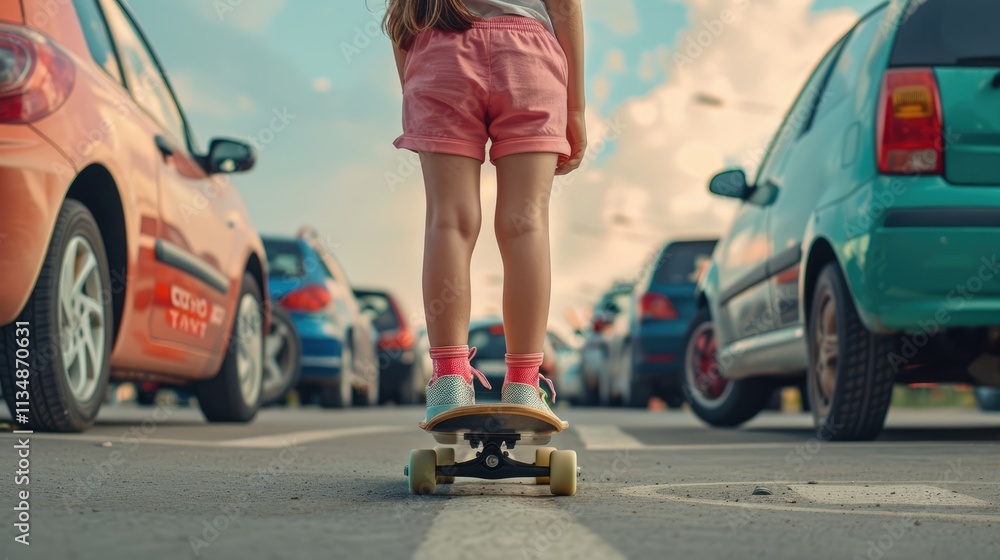 A child with a skateboard stands between two cars in a city parking lot. The danger of skateboarding on urban streets and roadways. Girl in pink shorts learning to ride a skate board A child with a skateboard stands between two cars in a city parking lot. The danger of skateboarding on urban streets and roadways. Girl in pink shorts learning to ride a skate board