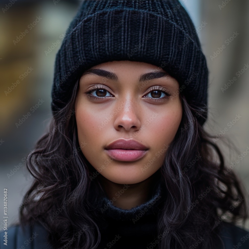Striking Portrait of a Young Woman With Captivating Eyes, Winter Clothing, and a Stylish Beanie Against an Urban Backdrop During a Chilly Afternoon Striking Portrait of a Young Woman With Captivating Eyes, Winter Clothing, and a Stylish Beanie Against an Urban Backdrop During a Chilly Afternoon