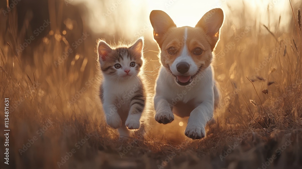 Dynamic Capture of Dog and Kitten Leaping Through Sunlit Grass Dynamic Capture of Dog and Kitten Leaping Through Sunlit Grass