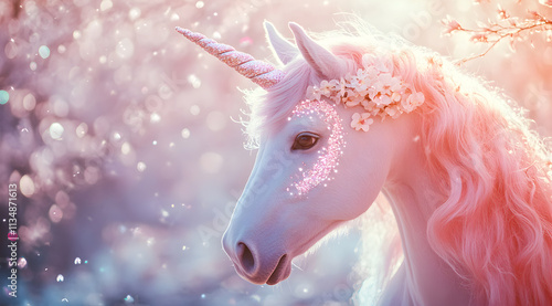 A dreamy unicorn with a pink mane and floral accents glimmers softly against a pastel, magical background filled with sparkling lights.