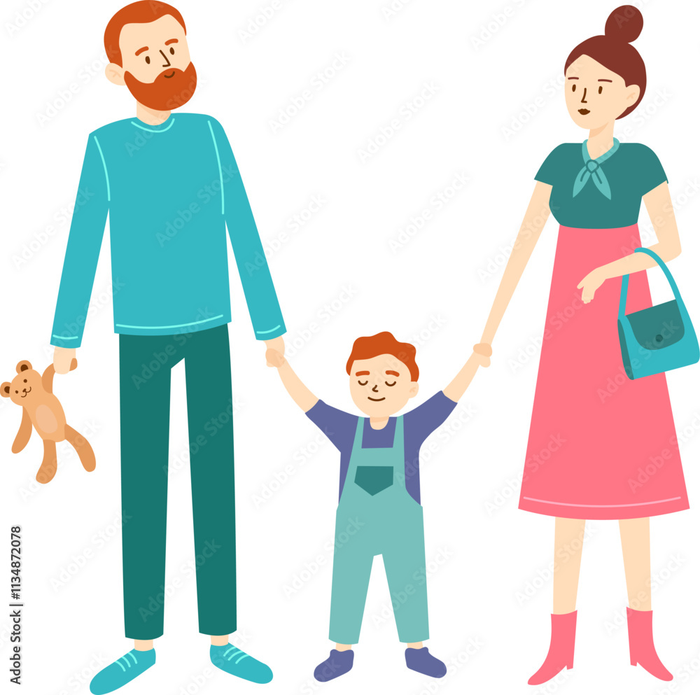 Smiling parents holding hands of their cheerful son, father holding teddy bear, enjoying a walk together, representing family unity and happiness Smiling parents holding hands of their cheerful son, father holding teddy bear, enjoying a walk together, representing family unity and happiness