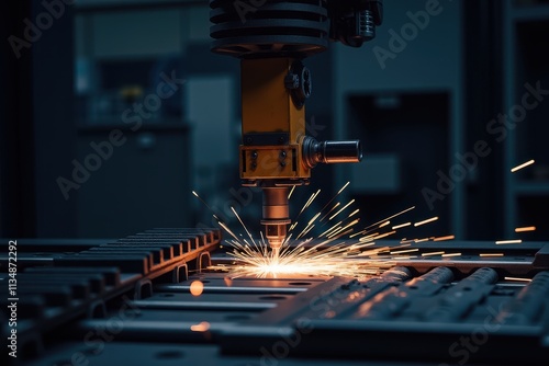 Detailed Close-up of Robotic Welding Arm in Action with Sparks and Industrial Background Highlighting Advanced Automation Technology