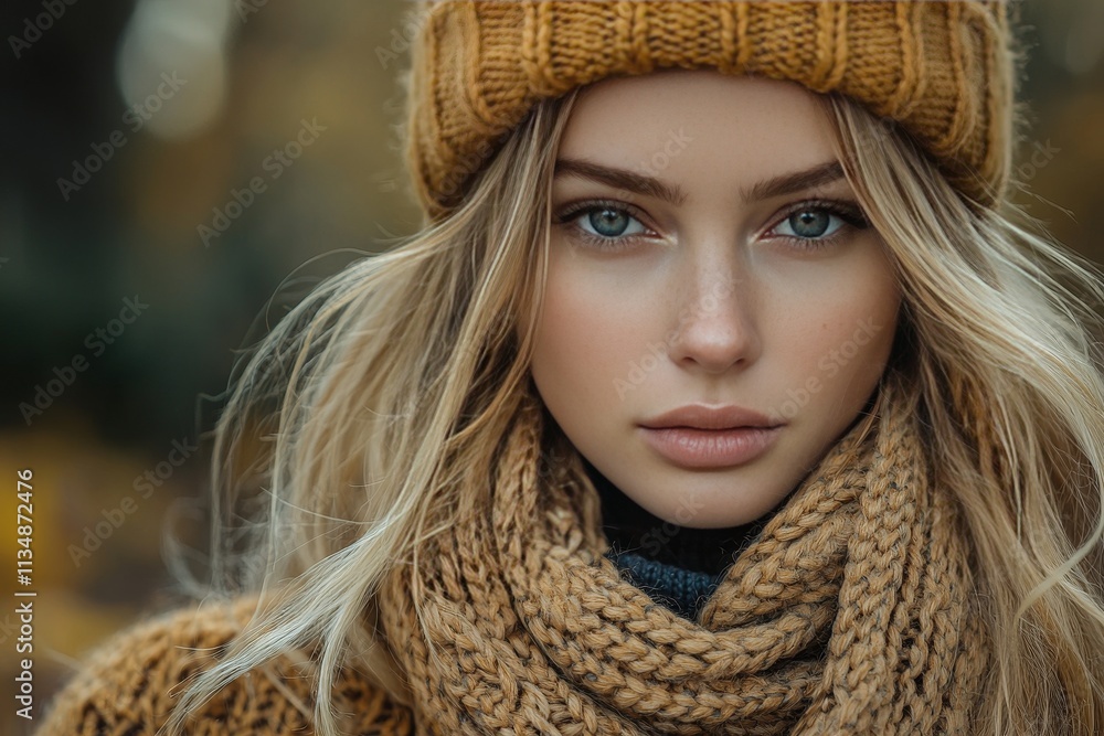 Capturing the Essence of Autumn With a Woman in a Cozy Knitted Hat and Scarf, Her Striking Green Eyes Reflecting the Golden Hues of Nature Around Her Capturing the Essence of Autumn With a Woman in a Cozy Knitted Hat and Scarf, Her Striking Green Eyes Reflecting the Golden Hues of Nature Around Her