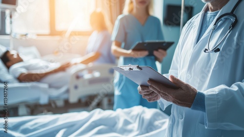 Healthcare professionals assess patient recovery in hospital room clinical environment digital focus