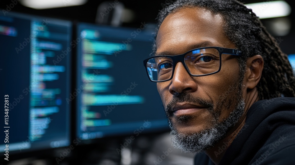 A thoughtful programmer with glasses gazes at dual monitors displaying lines of code, showcasing a focused work environment ideal for technology, coding, data analysis, or remote work themes, A thoughtful programmer with glasses gazes at dual monitors displaying lines of code, showcasing a focused work environment ideal for technology, coding, data analysis, or remote work themes,