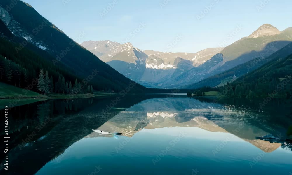 In the morning light a serene landscape unfolds, where the tranquil lake reflects the majestic mountains and their enchanting surroundings In the morning light a serene landscape unfolds, where the tranquil lake reflects the majestic mountains and their enchanting surroundings