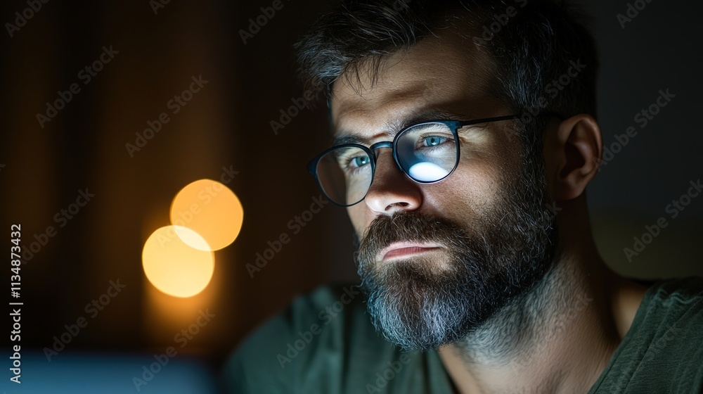 A focused man with glasses gazes intently at a screen, illuminated by warm, soft bokeh lights, This image is perfect for themes of technology, concentration, and remote work, A focused man with glasses gazes intently at a screen, illuminated by warm, soft bokeh lights, This image is perfect for themes of technology, concentration, and remote work,