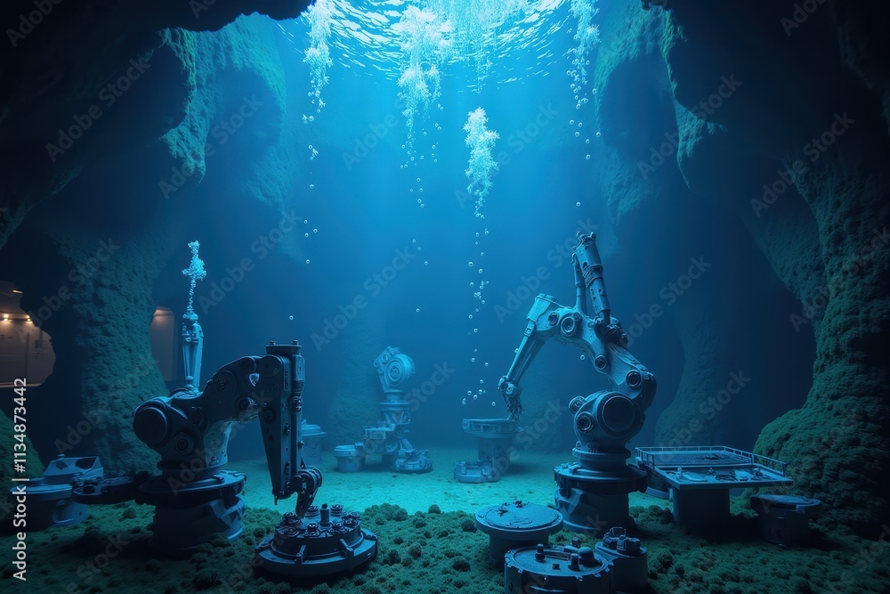 Underwater AI Factory with Robotics in a Futuristic Setting, Robots Automating Tasks in an Aquatic Environment Surrounded by Bubbling Water and Unique Rock Formations Underwater AI Factory with Robotics in a Futuristic Setting, Robots Automating Tasks in an Aquatic Environment Surrounded by Bubbling Water and Unique Rock Formations