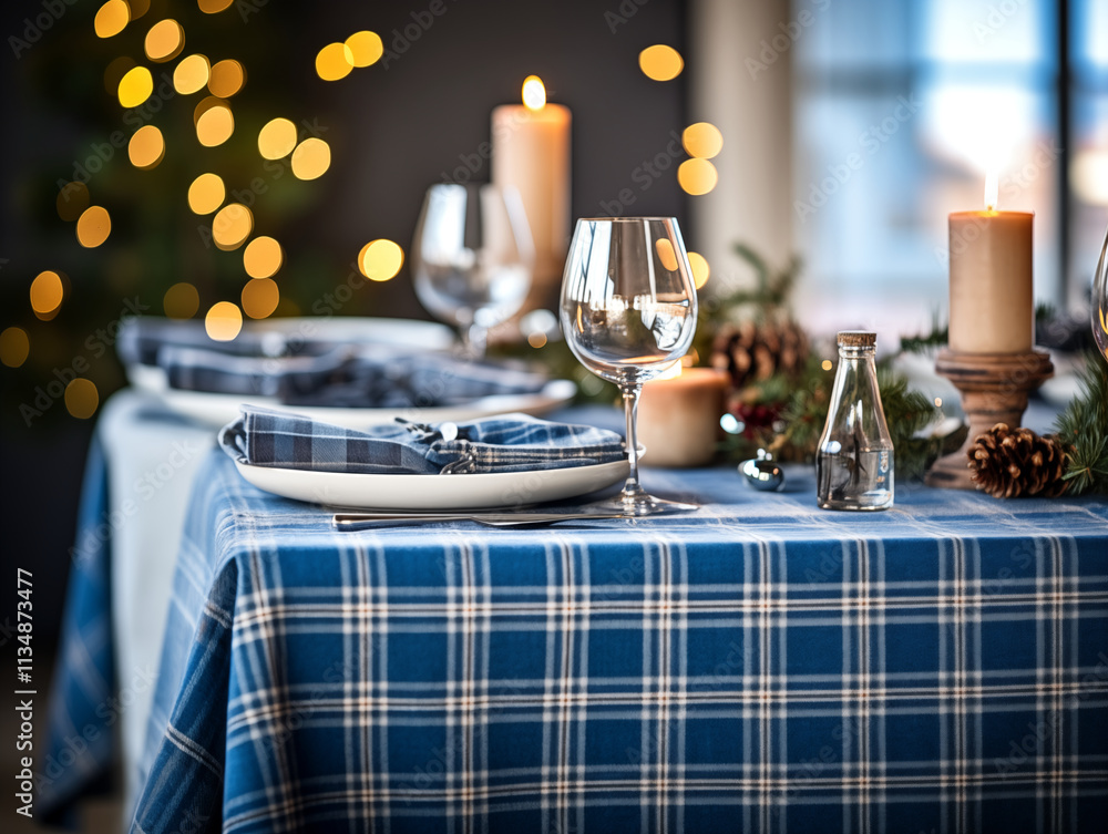 Christmas table setting. Holiday celebrations dining table. New years dining table. Table setting with blue plaid accent Christmas table setting. Holiday celebrations dining table. New years dining table. Table setting with blue plaid accent