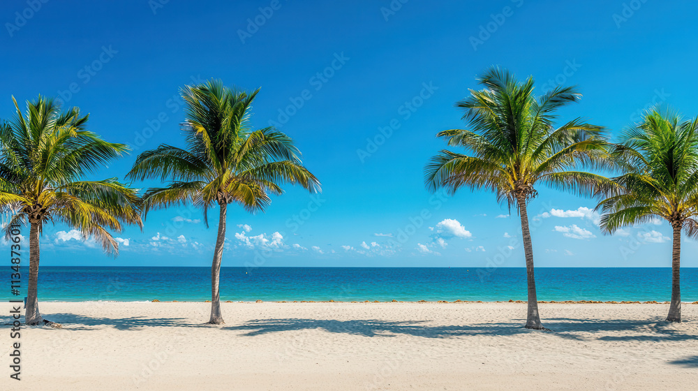 Vibrant beach scene with palm trees and clear blue sky, evoking tranquility Vibrant beach scene with palm trees and clear blue sky, evoking tranquility