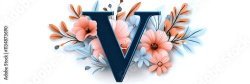 Isometric Floral Letter V Design - Elegant isometric design featuring letter V adorned with peach and blue flowers, symbolizing grace, beauty, springtime, new beginnings, and growth. photo