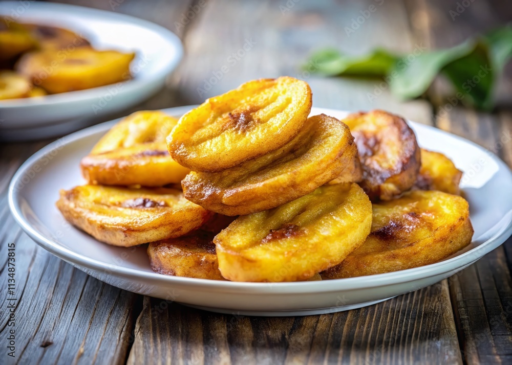 Deliciously Golden Fried Bananas on a White Plate Ready for Serving, Perfect for Dessert, Snack, or a Tropical Treat with a Beautiful Copy Space for Design Elements Deliciously Golden Fried Bananas on a White Plate Ready for Serving, Perfect for Dessert, Snack, or a Tropical Treat with a Beautiful Copy Space for Design Elements