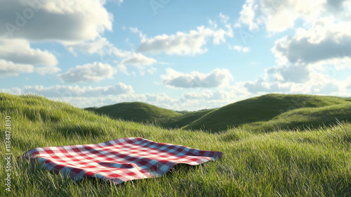 sunny picnic setup on grassy hill with checkered blanket photo