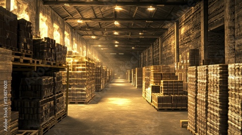 Brightly lit warehouse aisle with rows of stacked pallets and boxes, showcasing the large, organized interior.