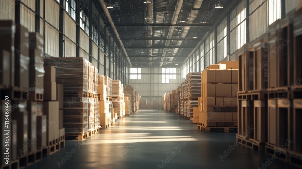 Bright, spacious warehouse aisle with rows of stacked pallets and boxes, highlighting the large-scale interior. Bright, spacious warehouse aisle with rows of stacked pallets and boxes, highlighting the large-scale interior.